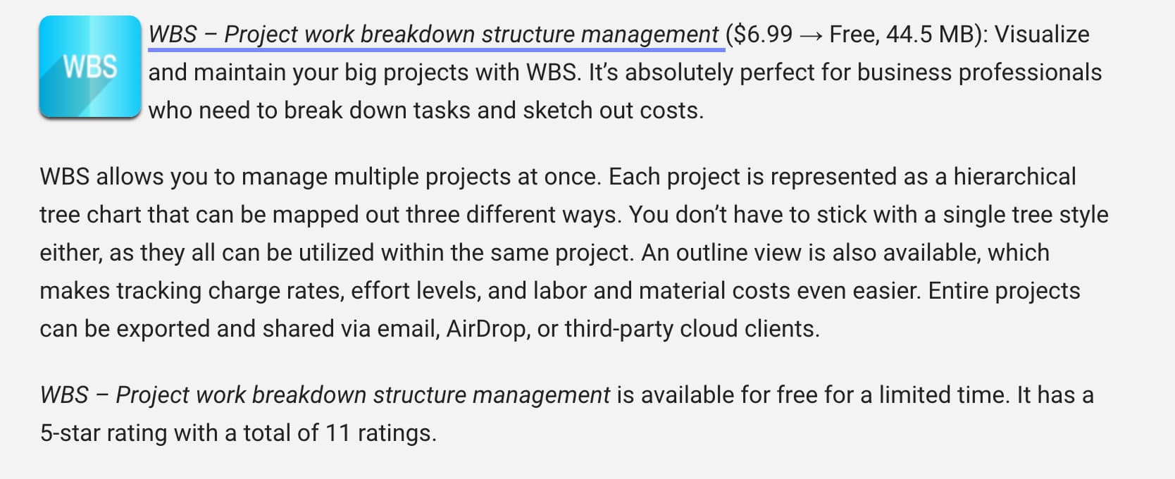 WBS is featured in Today's Apps Gone Free